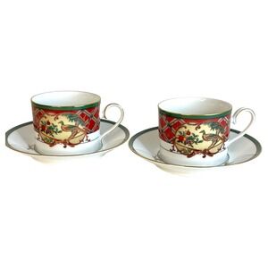 2 Noritake China Royal Hunt TeaCup & Saucer Sets Flat Coffee Cup Red Green Plaid
